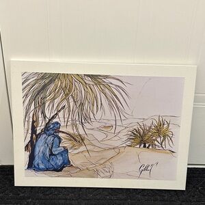 Desert Scene Art Print with Blue and Brown Accents
